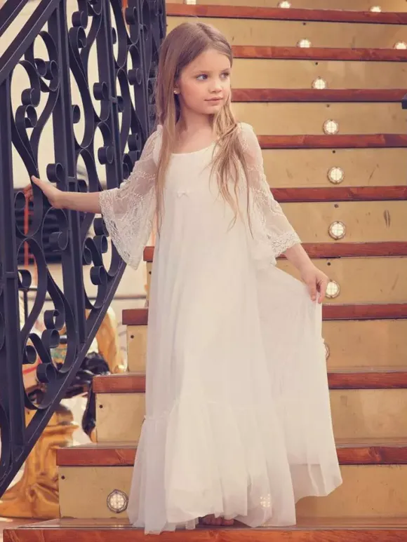 Ivory Flower Girl Dress Lace Bows Jewel Neck 3/4 Length Sleeves Kids Birthday Party Dresses