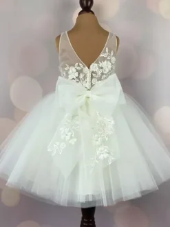 Ivory Flower Girl Dress Lace Bows Jewel Neck Sleeveless Kids Birthday Party Dresses