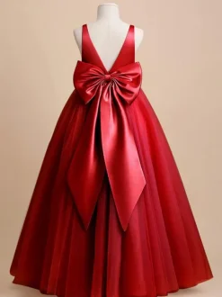 Ivory Flower Girl Dress Tulle Bows V-Neck Sleeveless Girls Party Dresses