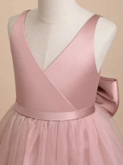 Ivory Flower Girl Dress Tulle Bows V-Neck Sleeveless Girls Party Dresses