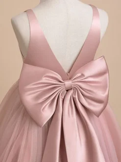 Ivory Flower Girl Dress Tulle Bows V-Neck Sleeveless Girls Party Dresses