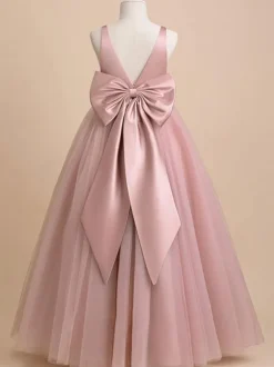 Ivory Flower Girl Dress Tulle Bows V-Neck Sleeveless Girls Party Dresses
