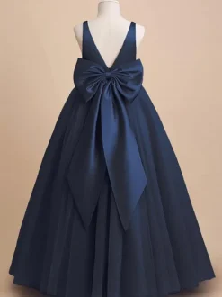 Ivory Flower Girl Dress Tulle Bows V-Neck Sleeveless Girls Party Dresses