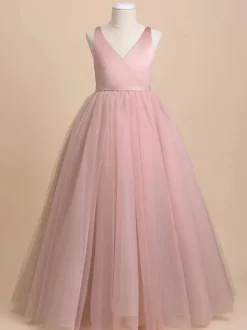 Ivory Flower Girl Dress Tulle Bows V-Neck Sleeveless Girls Party Dresses