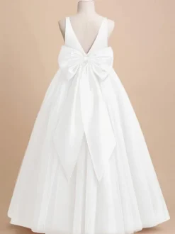 Ivory Flower Girl Dress Tulle Bows V-Neck Sleeveless Girls Party Dresses