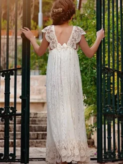 Ivory Flower Girl Dresses Jewel Neck Lace Short Sleeves Floor-Length A-Line Lace Kids Social Party Dresses