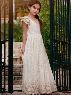Ivory Flower Girl Dresses Jewel Neck Lace Short Sleeves Floor-Length A-Line Lace Kids Social Party Dresses