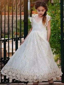Ivory Flower Girl Dresses Jewel Neck Lace Short Sleeves Floor-Length A-Line Lace Kids Social Party Dresses