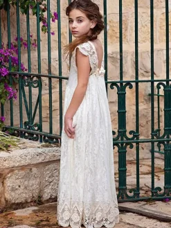 Ivory Flower Girl Dresses Jewel Neck Lace Short Sleeves Floor-Length A-Line Lace Kids Social Party Dresses