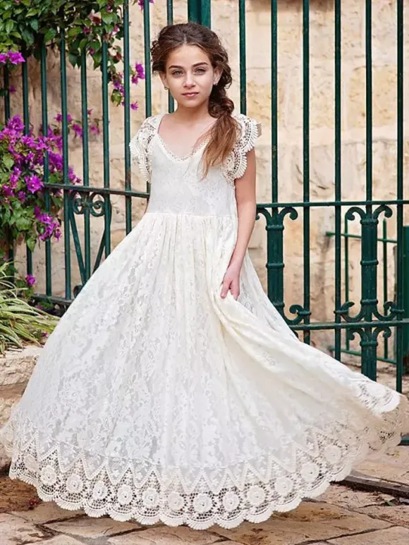 Ivory Flower Girl Dresses Jewel Neck Lace Short Sleeves Floor-Length A-Line Lace Kids Social Party Dresses
