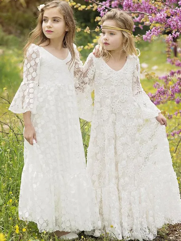 Ivory Flower Girl Dresses Jewel Neck Long Sleeves Lace Kids Party Dresses