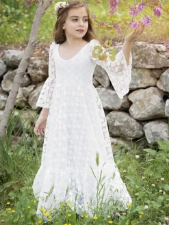 Ivory Flower Girl Dresses Jewel Neck Long Sleeves Lace Kids Party Dresses