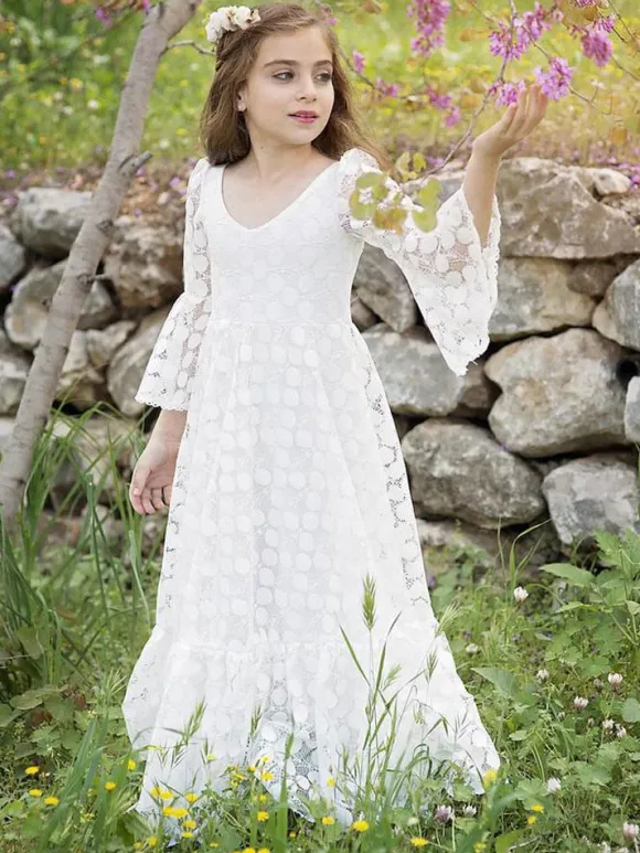 Ivory Flower Girl Dresses Jewel Neck Long Sleeves Lace Kids Party Dresses