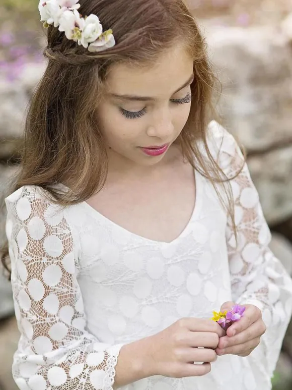 Ivory Flower Girl Dresses Jewel Neck Long Sleeves Lace Kids Party Dresses