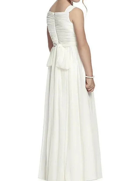 Ivory Flower Girl Dresses V Neck Chiffon Sleeveless A Line Floor Length Sash Kids Social Party Dresses