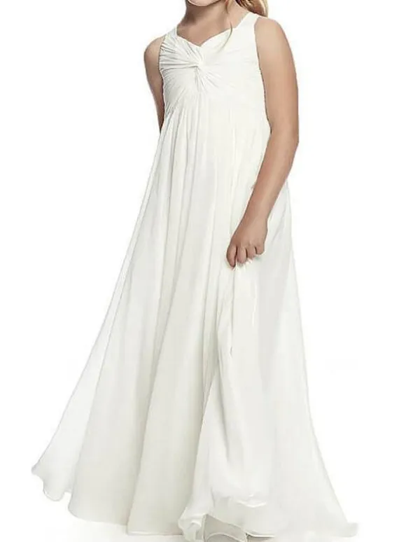 Ivory Flower Girl Dresses V Neck Chiffon Sleeveless A Line Floor Length Sash Kids Social Party Dresses