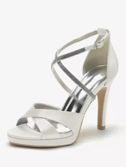 Ivory High Heel Wedding Shoes Open Toe Rhinestones Cirss Corss Bridal Shoes