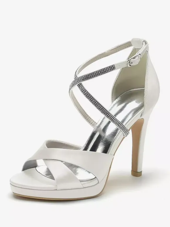 Ivory High Heel Wedding Shoes Open Toe Rhinestones Cirss Corss Bridal Shoes