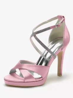 Ivory High Heel Wedding Shoes Open Toe Rhinestones Cirss Corss Bridal Shoes