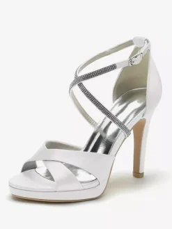 Ivory High Heel Wedding Shoes Open Toe Rhinestones Cirss Corss Bridal Shoes