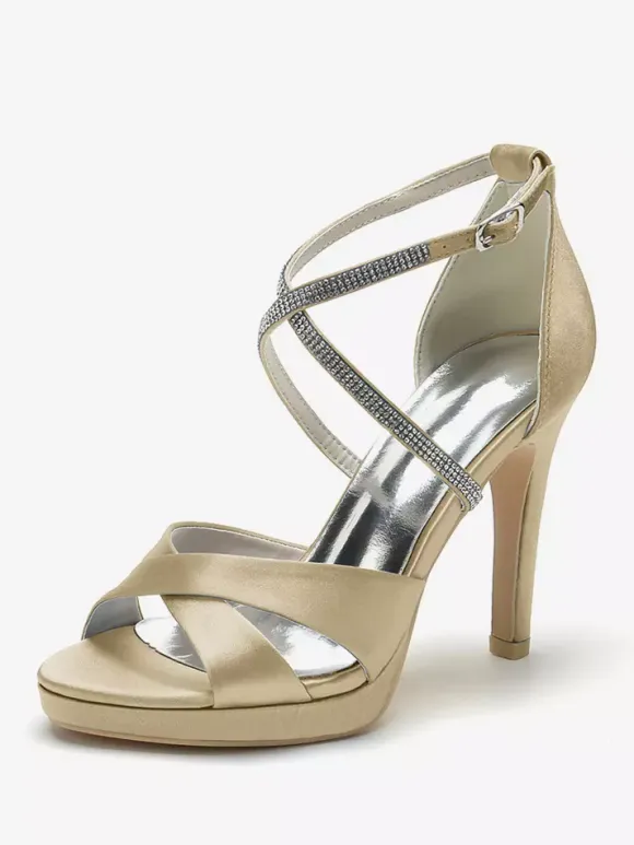 Ivory High Heel Wedding Shoes Open Toe Rhinestones Cirss Corss Bridal Shoes