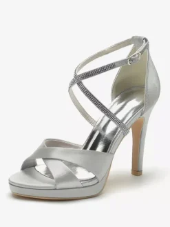 Ivory High Heel Wedding Shoes Open Toe Rhinestones Cirss Corss Bridal Shoes