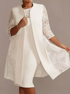 Ivory Mother Dress Lace Satin Half Sleeves Overcoat Jewel Neck Sleeveless Sheath Short Wedding Guest Dresses Outfit Free Customization
