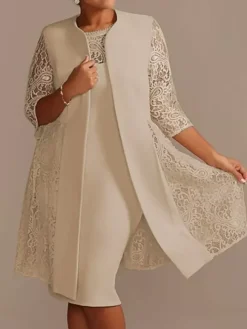 Ivory Mother Dress Lace Satin Half Sleeves Overcoat Jewel Neck Sleeveless Sheath Short Wedding Guest Dresses Outfit Free Customization