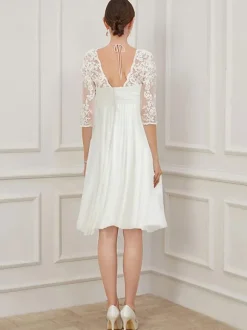 Ivory Short Wedding Dress Knee Length V-Neckline Half Sleeves A-Line Chiffon Bridal Dresses Free Customization