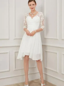 Ivory Short Wedding Dress Knee Length V-Neckline Half Sleeves A-Line Chiffon Bridal Dresses Free Customization