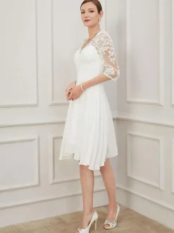 Ivory Short Wedding Dress Knee Length V-Neckline Half Sleeves A-Line Chiffon Bridal Dresses Free Customization