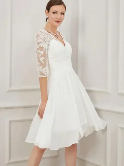Ivory Short Wedding Dress Knee Length V-Neckline Half Sleeves A-Line Chiffon Bridal Dresses Free Customization
