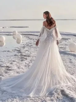 Ivory Simple Lace Wedding Dress With Train A-Line Off-The-Shoulder Long Sleeves Backless Bridal Gowns Free Customization