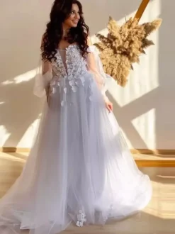 Ivory Simple Lace Wedding Dress With Train A-Line Off-The-Shoulder Long Sleeves Backless Bridal Gowns Free Customization