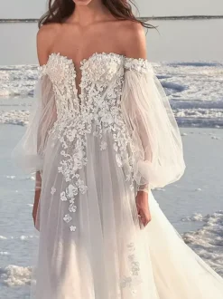 Ivory Simple Lace Wedding Dress With Train A-Line Off-The-Shoulder Long Sleeves Backless Bridal Gowns Free Customization