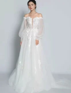 Ivory Simple Lace Wedding Dress With Train A-Line Off-The-Shoulder Long Sleeves Backless Bridal Gowns Free Customization