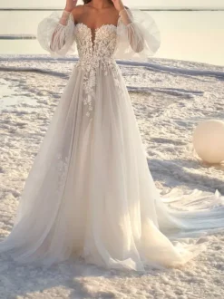 Ivory Simple Lace Wedding Dress With Train A-Line Off-The-Shoulder Long Sleeves Backless Bridal Gowns Free Customization