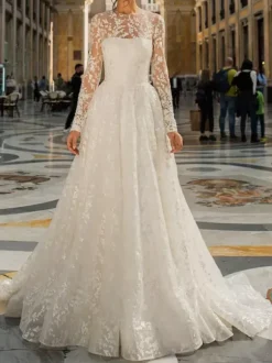 Ivory Simple Lace Wedding Dress With Train Jewel Neck Long Sleeves A-Line Bridal Dresses Free Customization
