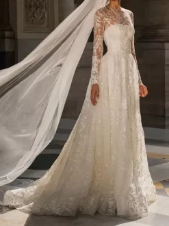 Ivory Simple Lace Wedding Dress With Train Jewel Neck Long Sleeves A-Line Bridal Dresses Free Customization