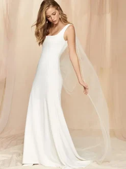 Ivory Simple Mermaid Causal Wedding Dress Sheath Square Neckline Sleeveless Backless Stretch Crepe Tulle Bridal Gowns Free Customization