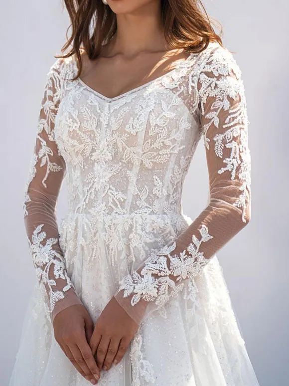 Ivory Simple Wedding Dress With Train V-Neck Long Sleeves Lace A-Line Bridal Dresses Free Customization
