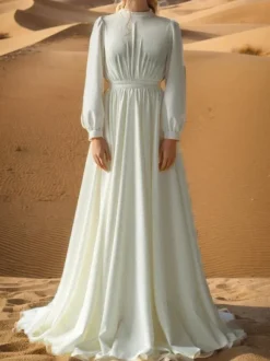 Ivory Simple Wedding Dress With Train Jewel Neck Long Sleeves Backless A-Line Bridal Gowns Free Customization