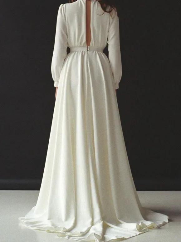 Ivory Simple Wedding Dress With Train Jewel Neck Long Sleeves Backless A-Line Bridal Gowns Free Customization