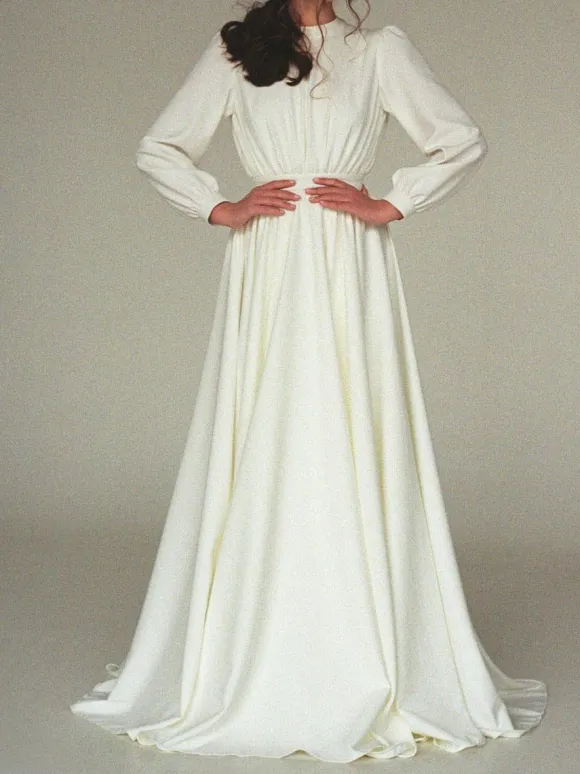 Ivory Simple Wedding Dress With Train Jewel Neck Long Sleeves Backless A-Line Bridal Gowns Free Customization