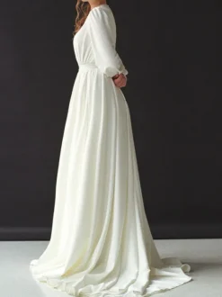 Ivory Simple Wedding Dress With Train Jewel Neck Long Sleeves Backless A-Line Bridal Gowns Free Customization