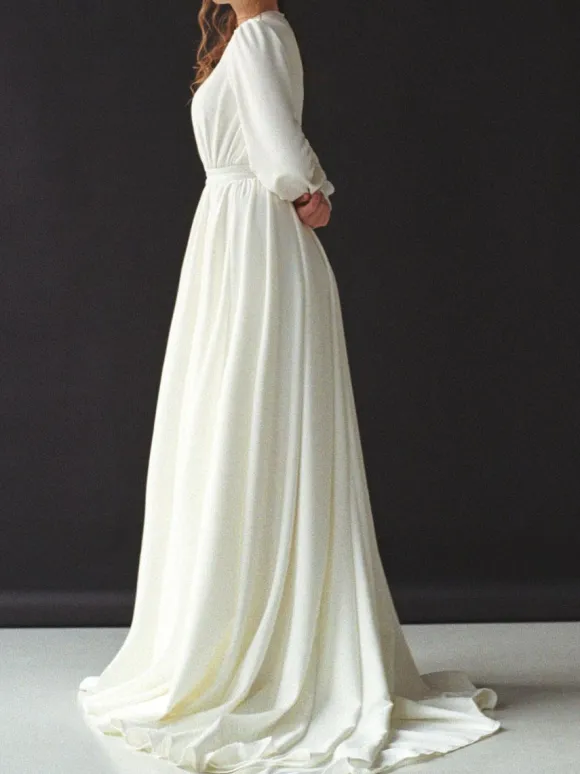Ivory Simple Wedding Dress With Train Jewel Neck Long Sleeves Backless A-Line Bridal Gowns Free Customization