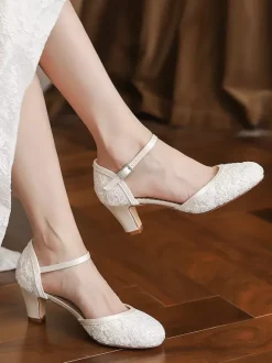 Ivory Vintage Wedding Shoes Round Toe Chunky Heel Bridal Shoes