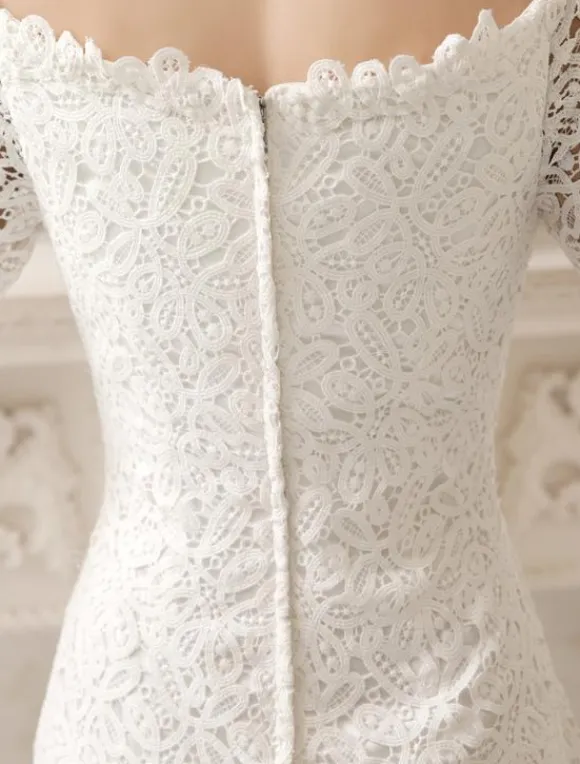 Ivory Wedding Dress Lace Long Sleeve Knee Length Bridal Dress Free Customization