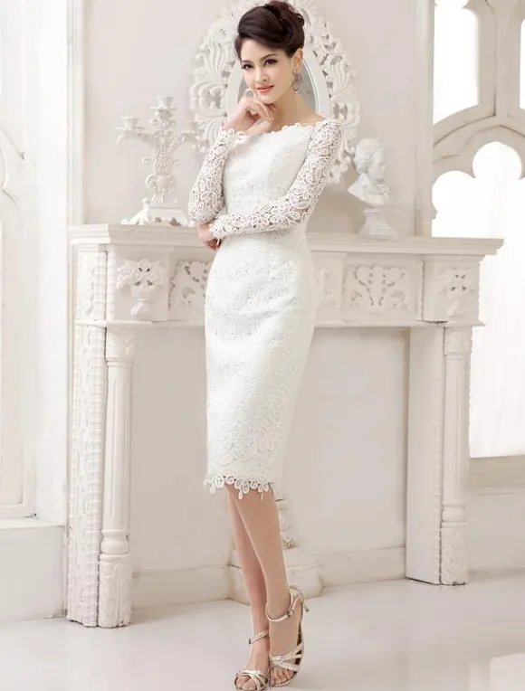 Ivory Wedding Dress Lace Long Sleeve Knee Length Bridal Dress Free Customization