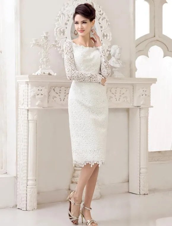 Ivory Wedding Dress Lace Long Sleeve Knee Length Bridal Dress Free Customization